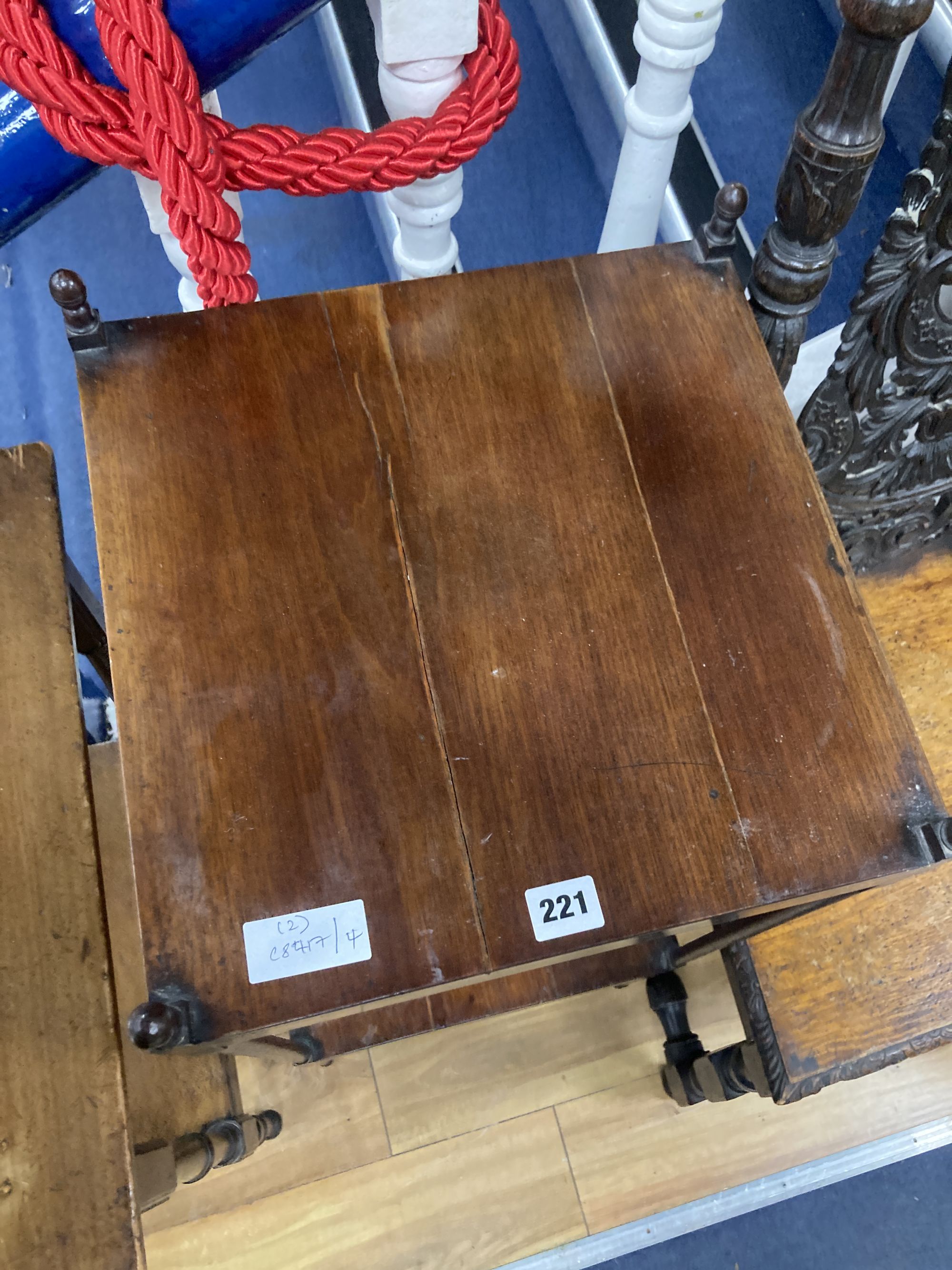 Two mahogany 2-tier occasional tables, larger width 45cm, depth 44cm, height 75cm